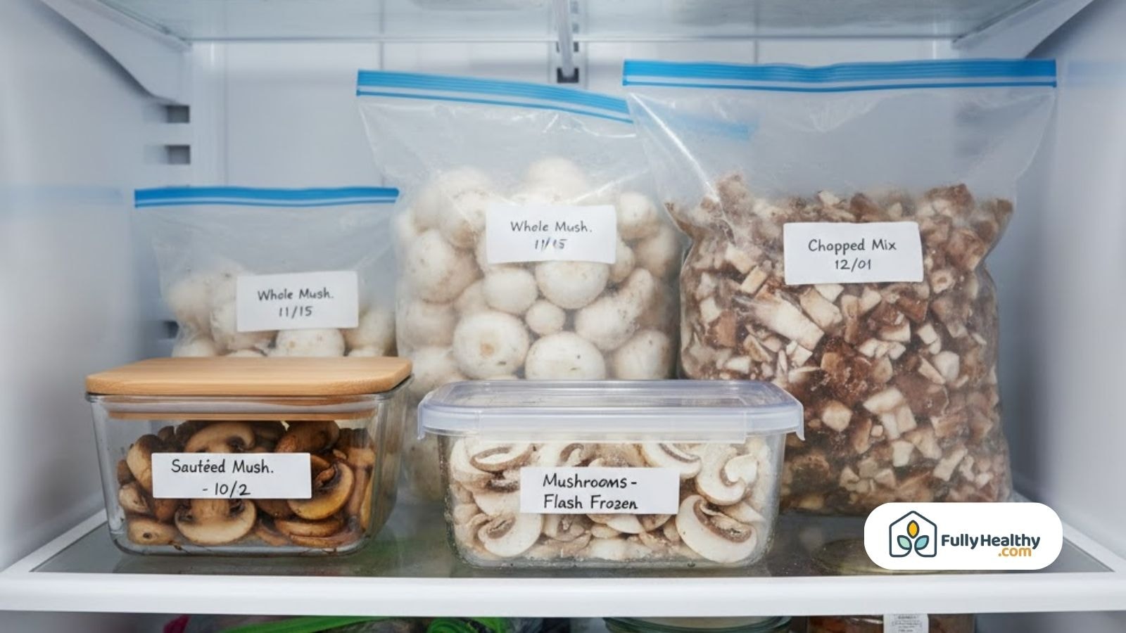 Frozen mushrooms stored in labeled freezer bags and containers inside refrigerator