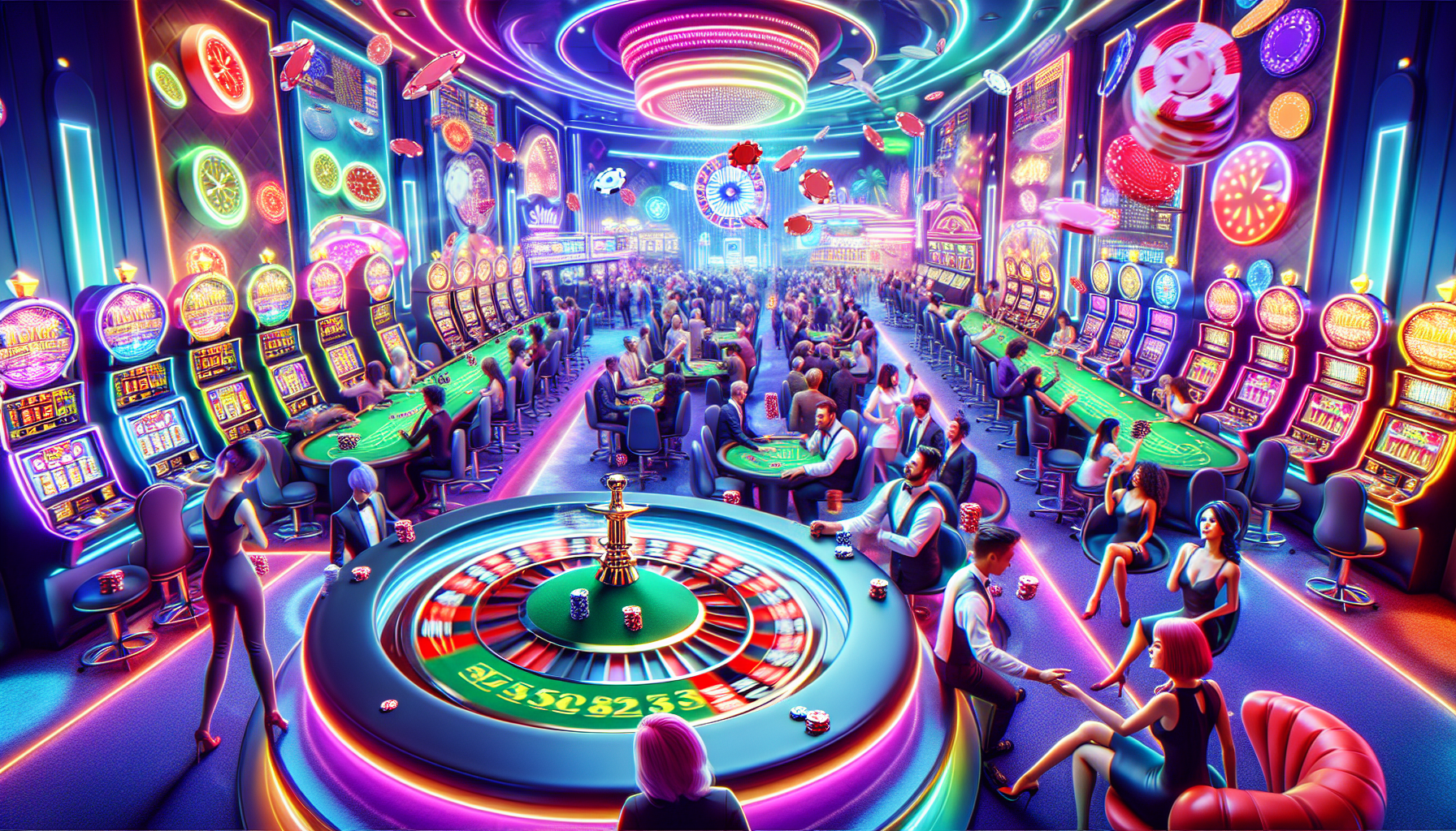 Illustration of a virtual casino with slot machines, roulette wheel, and poker table