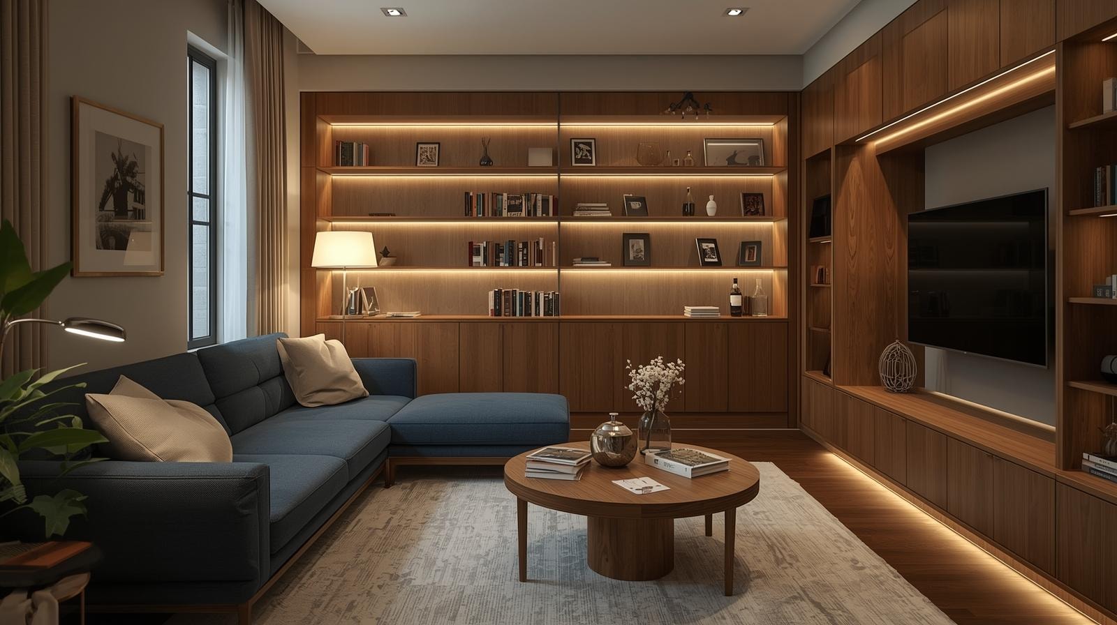 Living room with a blue l-shaped couch, built-in wooden shelves that are lit up as well as various other lamps
