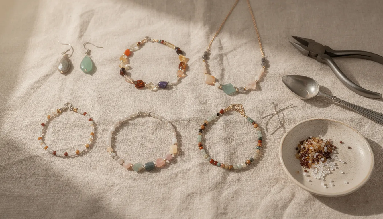 The image features an array of handmade beaded jewellery pieces beautifully arranged on a natural linen cloth, accompanied by artisan tools, showcasing the craftsmanship involved in creating unique accessories. This setup reflects the artistry and attention to detail that can also be emphasized through effective digital marketing strategies and SEO services to enhance online visibility for artisans.