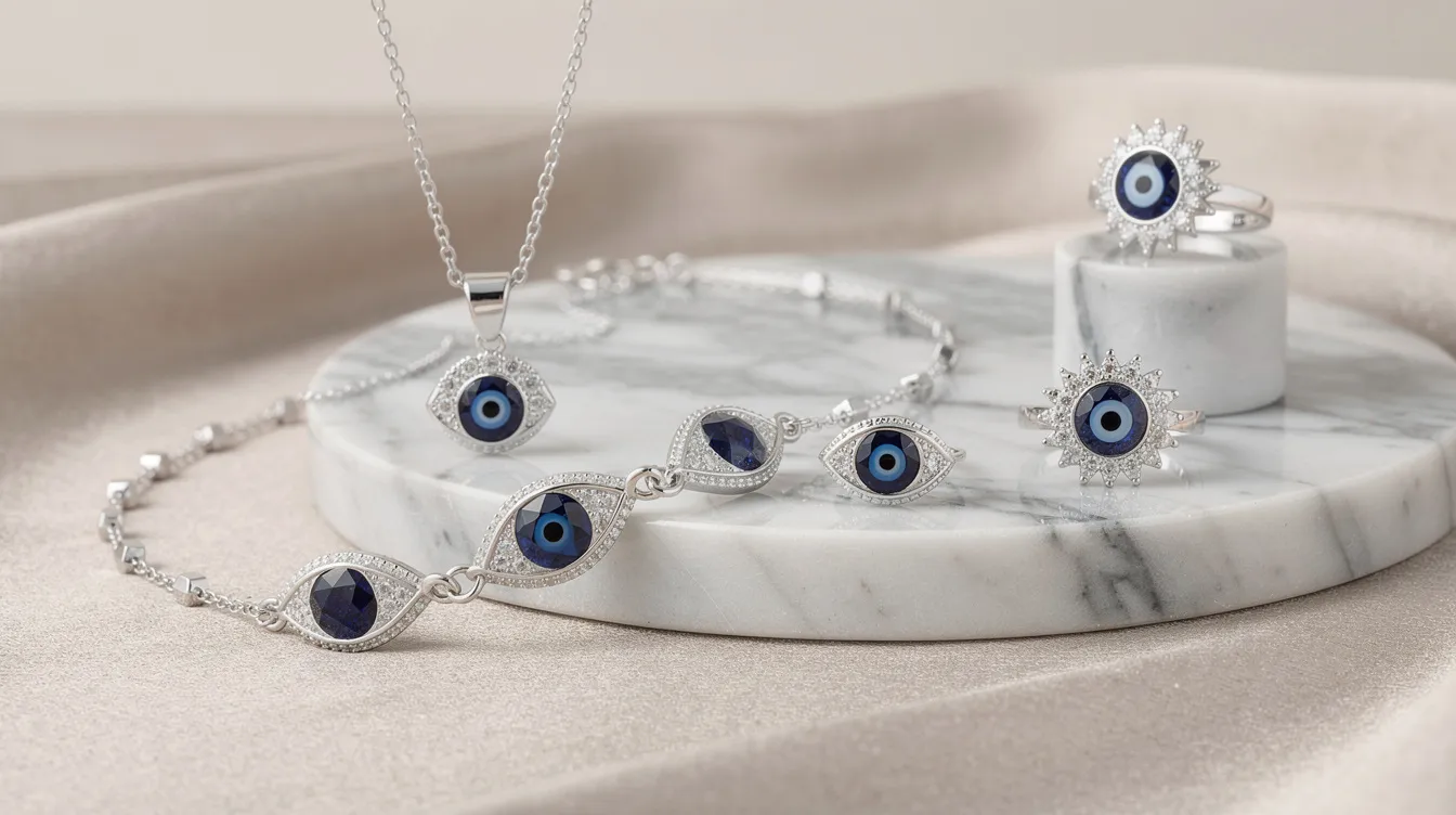 The image showcases an exquisite evil eye jewellery collection crafted in sterling silver, featuring a variety of pieces including bracelets, necklaces, and stud earrings. Each item is designed as an ancient talisman believed to protect the wearer from negative energies and bad luck, elegantly presented in a stylish jewellery box.