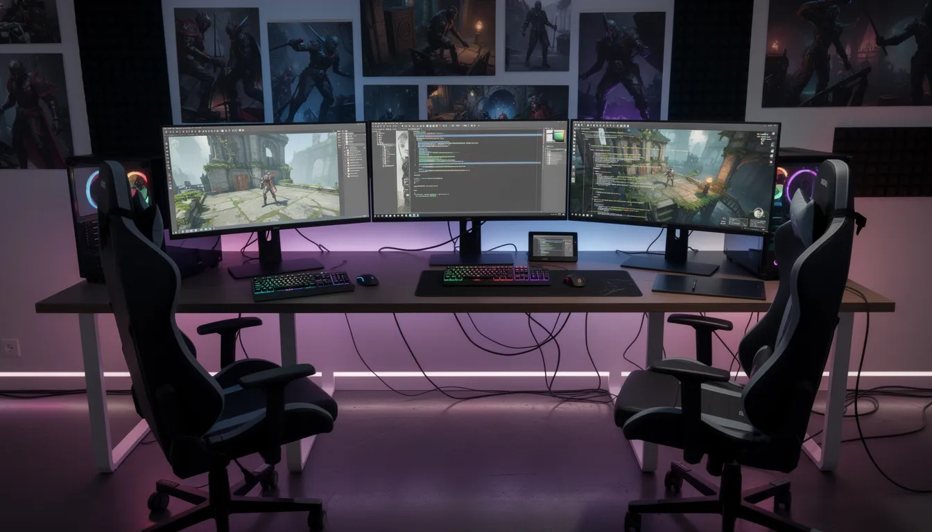 En modern spelutvecklingsstudio med flera datorskärmar som visar pågående spelutveckling. Arbetsytan är fylld med teknik och verktyg för att designa och skapa spel, vilket skapar en inspirerande miljö för gaming-entusiaster.
