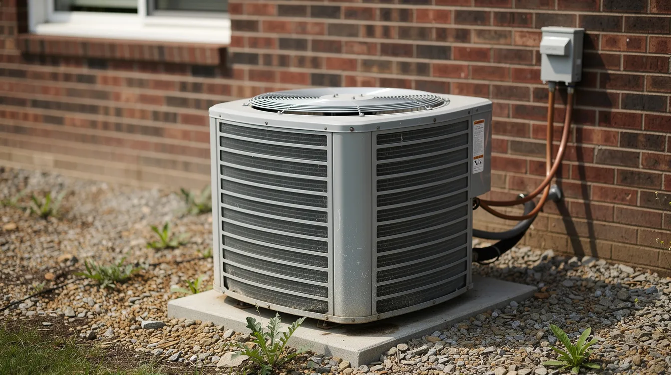 The image shows an outdoor air conditioner condenser unit positioned next to a brick home, highlighting the essential component of the air conditioning system. This ac unit is crucial for cooling efficiency and may require future repairs or compressor replacement to maintain optimal performance.
