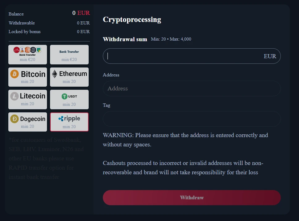 Winorio online casino withdrawal form