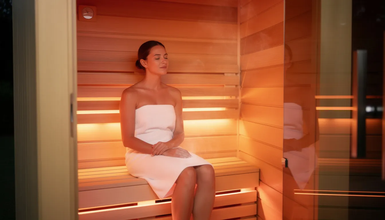 A person sits peacefully inside a wooden infrared sauna cabin, surrounded by soft ambient lighting that enhances the calming atmosphere. This infrared sauna session promotes wellness through radiant heat and red light therapy, supporting skin health and relaxation.