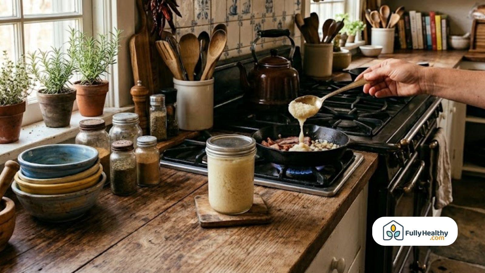 Cooking with beef tallow on stovetop with jar placed on wooden kitchen counter.