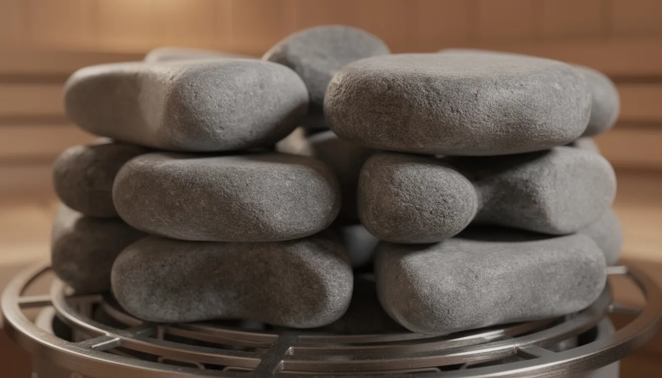 A close-up view of rounded gray sauna stones is displayed, stacked neatly on a metal heater grate with visible gaps between them, emphasizing the importance of proper heat distribution in a sauna heater for an optimal sauna experience. The arrangement of these sauna stones highlights their role in maintaining humidity and steam during sauna sessions.