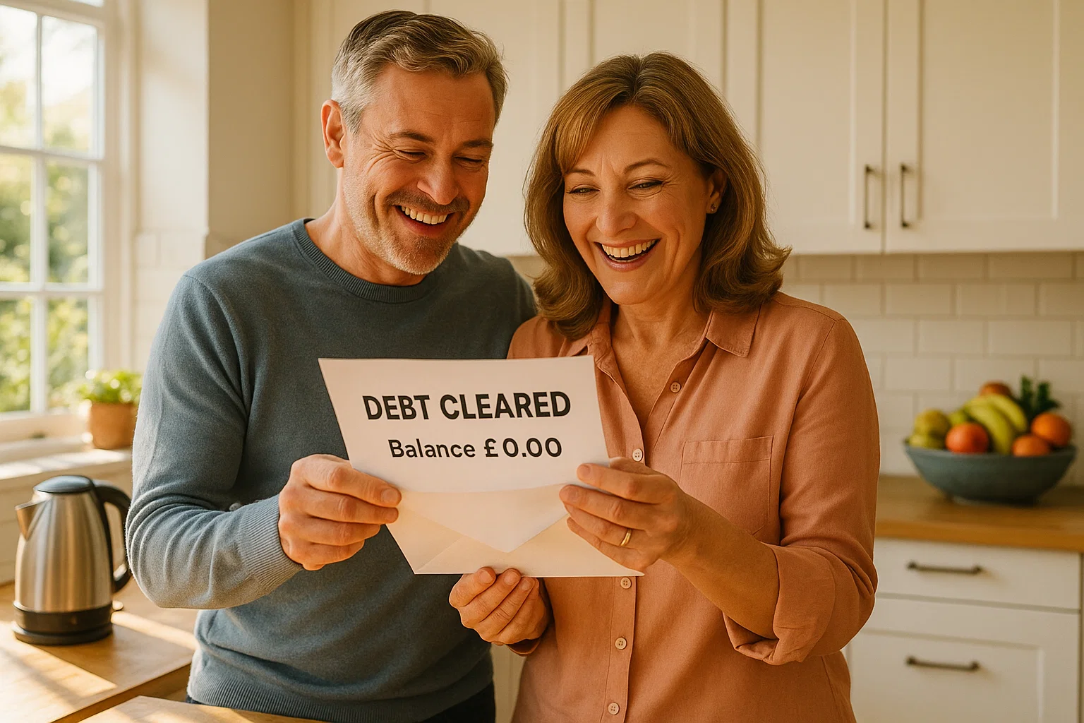 Happy couple reading a letter titled “Debt Cleared – Balance £0.00” in their bright kitchen.