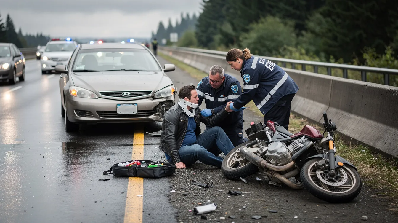 A motorcycle accident scene on a Seattle-area freeway in Kent, Washington, depicts a civilian motorcycle lying on its side with visible damage on the right shoulder, surrounded by debris and a stopped sedan with minor damage in the adjacent lane. Two paramedics in navy blue EMS uniforms provide medical attention to the injured rider seated on the shoulder, while traffic slows in nearby lanes, and the damp pavement reflects the overcast daylight typical of King County.
