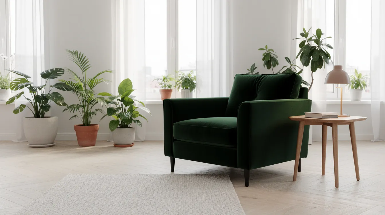 En mörkgrön sammetsfåtölj står i ett ljust skandinaviskt vardagsrum med ekparkett, omgiven av gröna växter som ger en harmonisk känsla. Fåtöljen fungerar som en elegant färgklick i hemmet och bidrar till den nordiska designen.