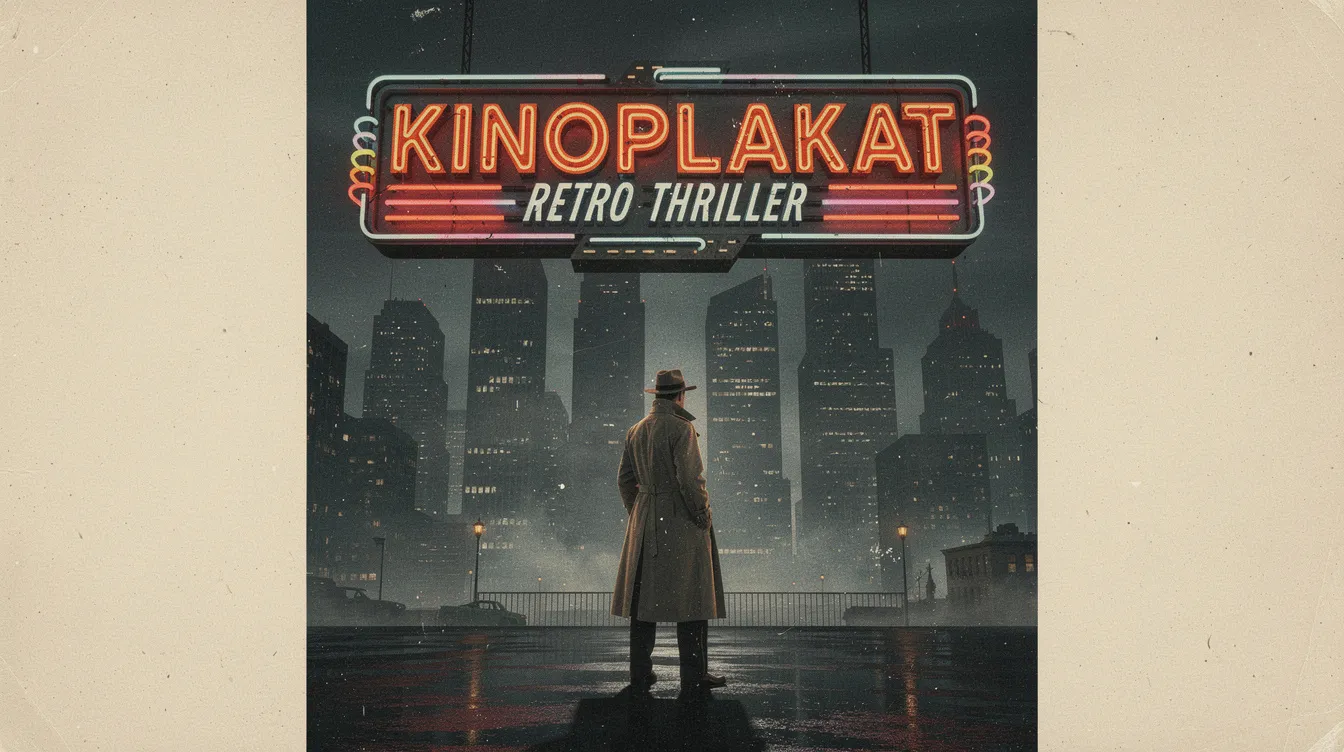 Das Kinoplakat im Retro-Stil zeigt eine düstere, vertikale Stadtsilhouette von Los Angeles, während ein Mann im Trenchcoat vor einer überdimensionalen Leuchtreklame steht, die an die Atmosphäre von Ridley Scotts "Blade Runner" erinnert. Die Szene vermittelt das Gefühl von Film Noir und Science-Fiction, das für die Welt von "Do Androids Dream of Electric Sheep?" typisch ist.