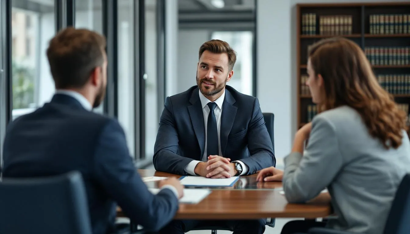 A professional attorney discussing workers compensation claims with clients.
