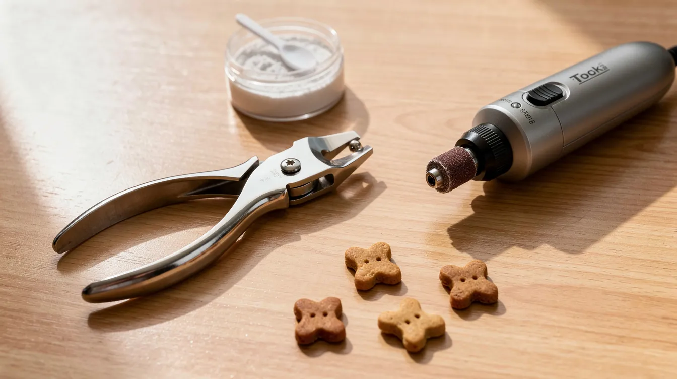 The image shows an assortment of dog nail trimming tools neatly arranged on a table, including plier clippers, a nail grinder, styptic powder for stopping bleeding, and treats to reward your furry friend. These essential tools are used to trim dog nails safely, ensuring their overall nail health and comfort during the nail clipping process.