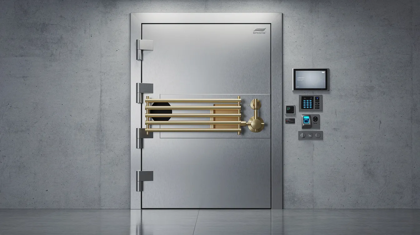 The image features a professional vault door equipped with gold security bars and a modern security system, symbolizing the high level of protection for physical precious metals investments. This secure environment is essential for gold IRA investors looking to safeguard their retirement savings and ensure the safety of their gold and silver bullion.