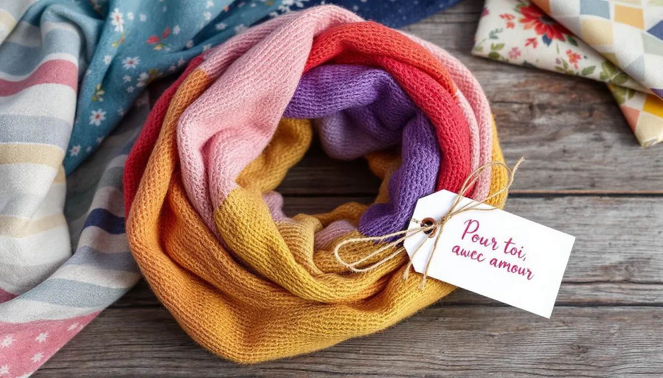 A neatly rolled handmade infinity scarf sits on a rustic wooden surface, accompanied by a charming gift tag and colorful fabric swatches, showcasing a thoughtful and unique gift idea perfect for the holiday season. This homemade gift reflects creativity and personal touch, making it a wonderful option for loved ones.