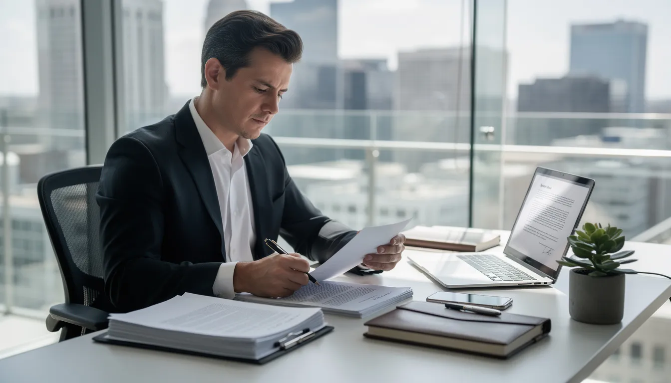 A professional attorney is intently reviewing legal documents in a modern office, showcasing a focus on estate litigation and the complex legal processes involved in probate proceedings. This image reflects the attorney's role in navigating legal disputes and providing guidance on estate planning matters in San Diego County.
