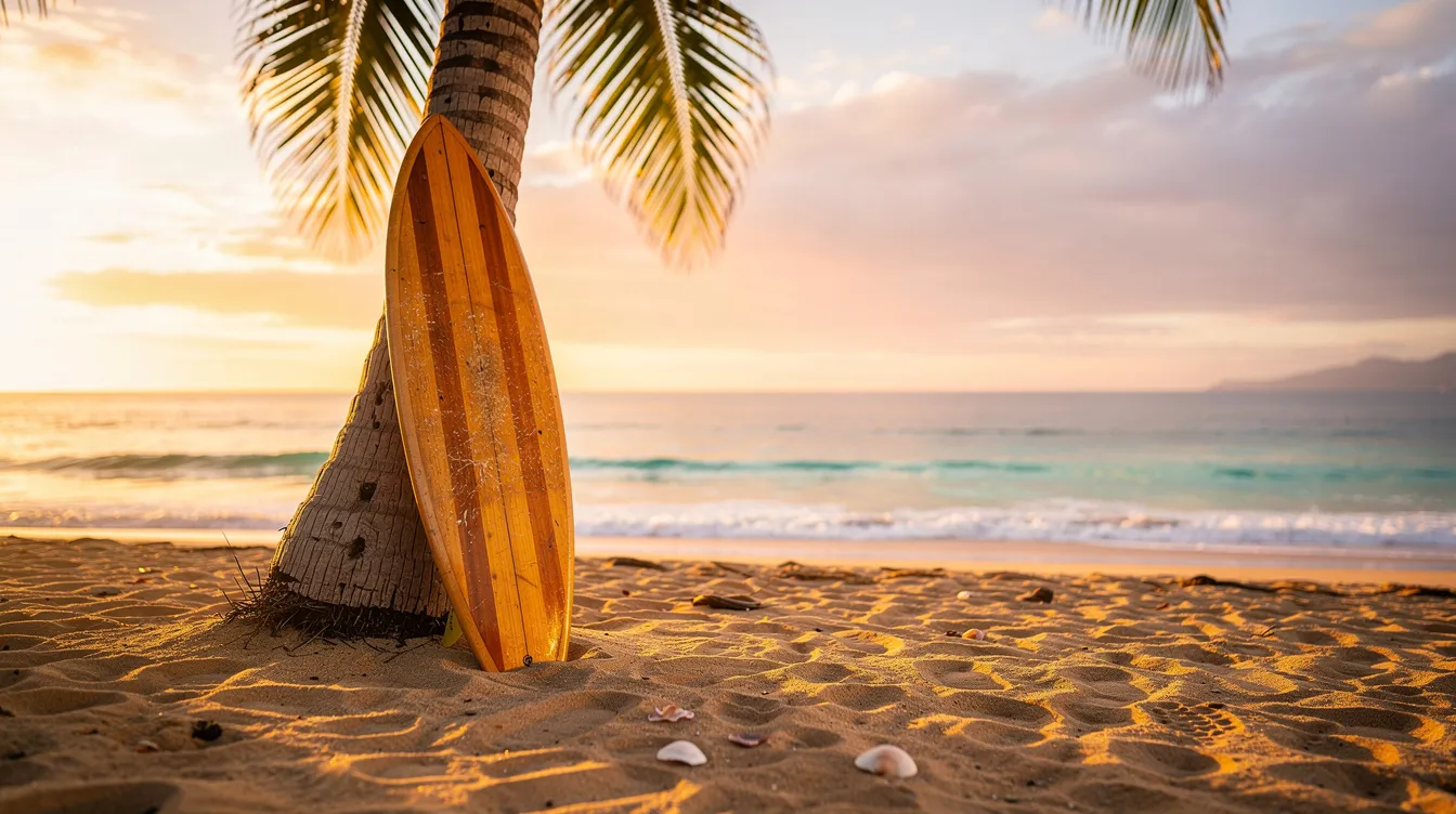 A vintage wooden surfboard leans against a palm tree on a sandy Hawaiian beach during golden hour, capturing the essence of the Hawaiian Islands. The scene evokes a sense of relaxation and adventure, reminiscent of the uplifting effects of the iconic maui wowie strain, known for its sweet pineapple flavor and energizing high.