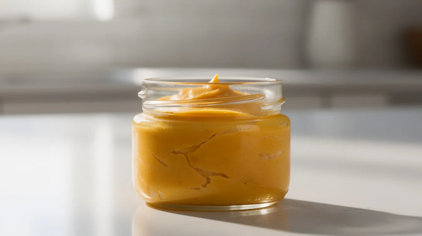 Glasgefäß mit goldener, fertiger Cannabutter auf der Küchentheke.