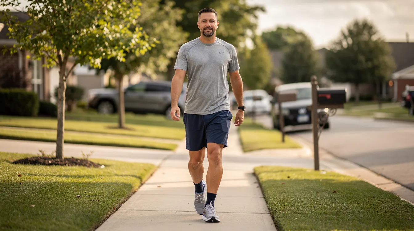 A man is taking a short walk on a quiet residential sidewalk, dressed in comfortable athletic clothing, as part of his recovery journey after undergoing gynecomastia surgery. This light exercise supports healing tissues and helps minimize swelling during the early healing process.
