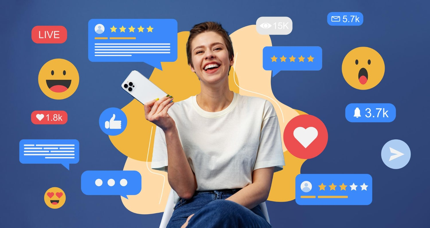 Photo young pretty woman using mobile phone for checking social media