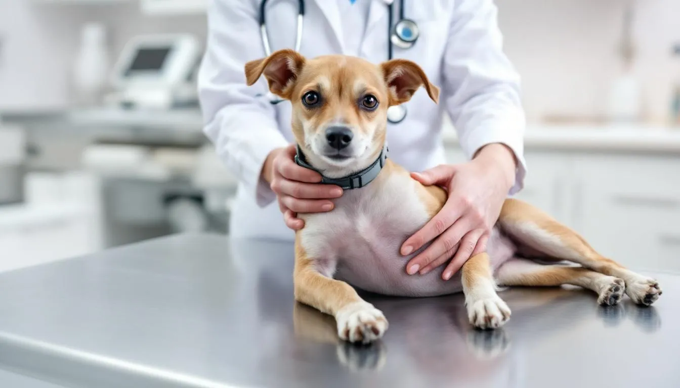 A veterinarian is gently examining the abdomen of a small dog, likely a Cavalier King Charles Spaniel, to assess for clinical signs of acute hemorrhagic diarrhea syndrome. The examination may help identify any abdominal pain or symptoms related to severe gastrointestinal issues such as hemorrhagic gastroenteritis.