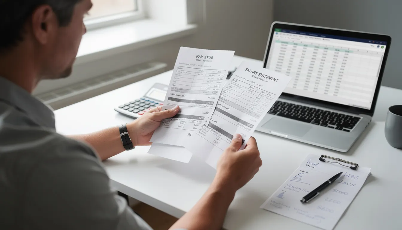 The image shows a person sitting at a desk, carefully reviewing salary documents and pay stubs, which are essential for understanding their retirement benefits under the federal employees retirement system (FERS). The individual appears focused on calculating their retirement income and assessing their years of service to determine their FERS pension and annuity options.