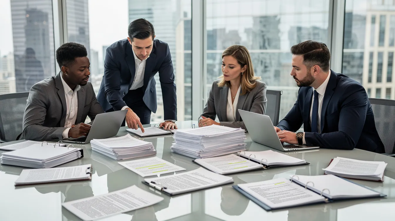A professional team of lawyers is gathered around a conference table, intently reviewing legal documents related to energy projects, such as renewable energy and natural gas. The atmosphere reflects a focus on regulatory compliance and project development, showcasing their extensive experience in assisting renewable energy clients and navigating federal and state agency requirements.
