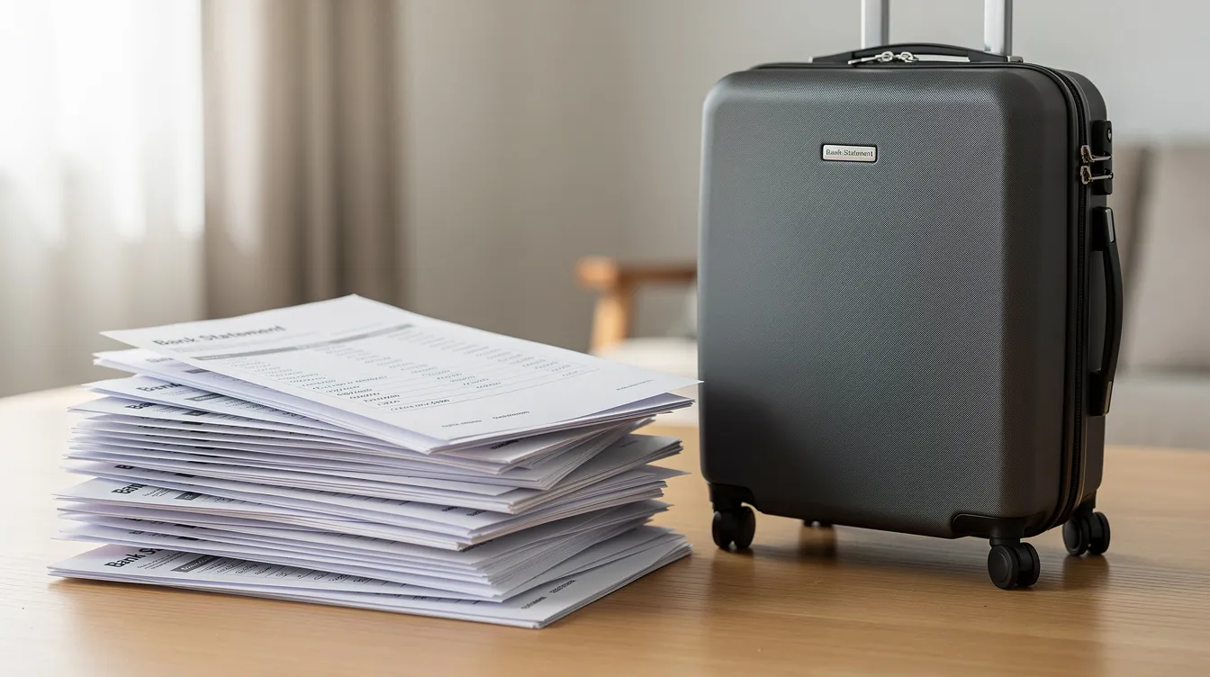 The image shows a neat stack of documents and bank statements placed next to a travel suitcase, symbolizing the important financial and legal preparations needed for a trip, such as securing a visa for Ireland. This arrangement highlights the essential documents required for a smoother journey and successful entry into a foreign country.