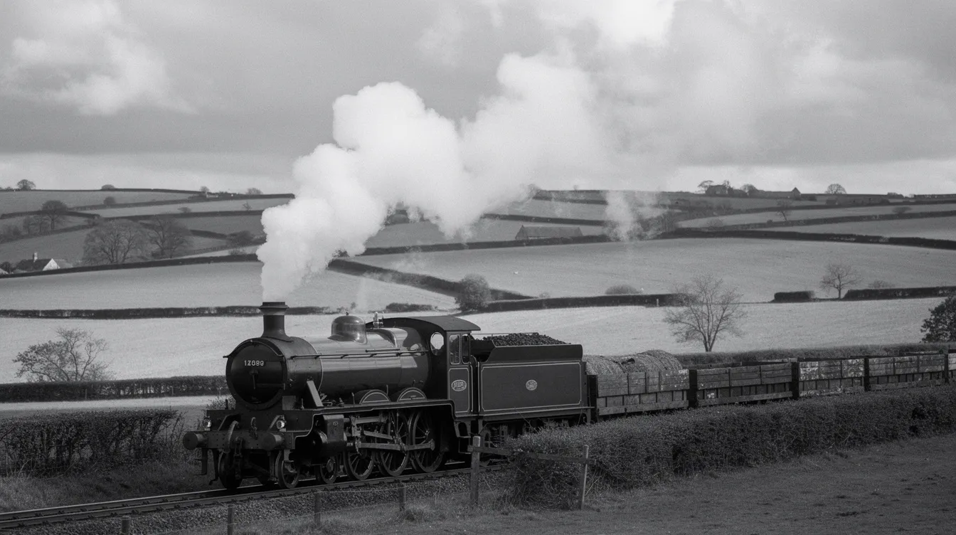 Eine Schwarzweiß-Aufnahme zeigt einen dampfenden Zug, der durch die sanfte englische Landschaft fährt, während im Hintergrund sanfte Hügel zu sehen sind. Diese nostalgische Szene erinnert an die Abenteuer von Harry Potter und seinen Freunden in der magischen Welt.