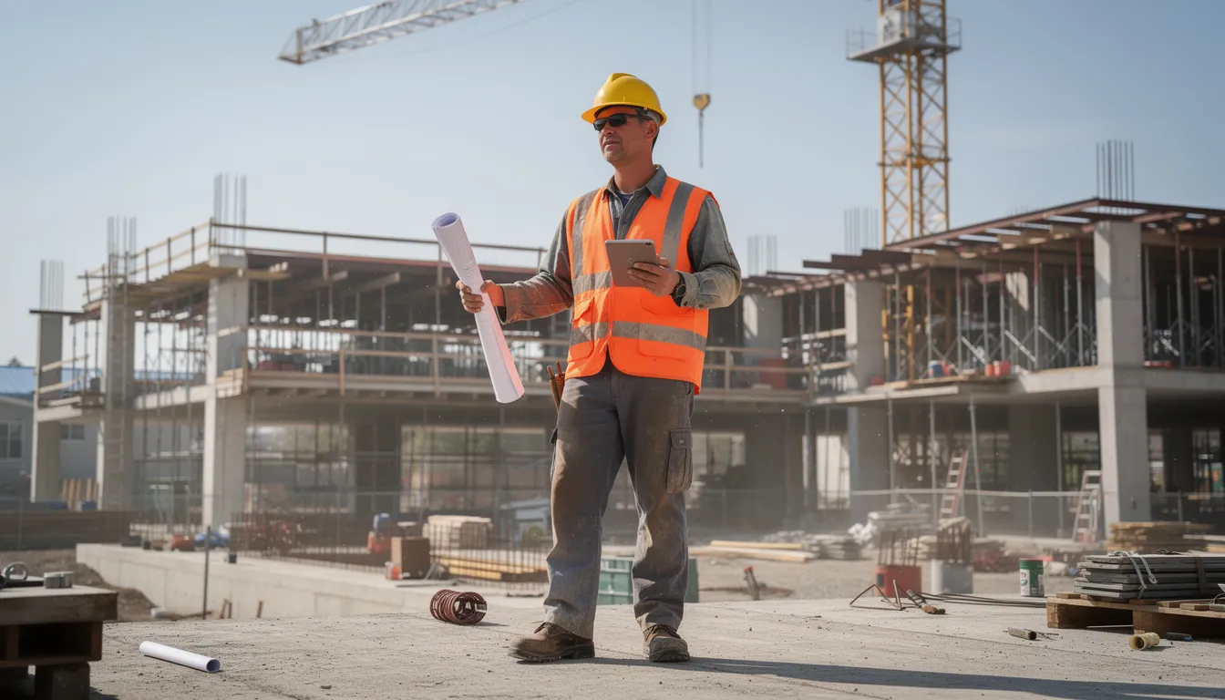 A construction worker is standing at a job site, wearing a hard hat and a bright safety vest, emphasizing the importance of safety in the workplace. This image reflects the role of experienced workers compensation attorneys who assist injured workers in navigating their workers compensation claims and securing necessary medical treatment and financial support.