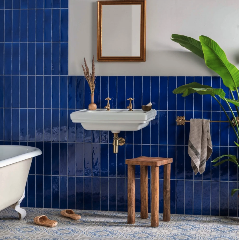 Vogue Light Blue Stone on Chalk ceramic bathroom tiles from Hyperion Tiles