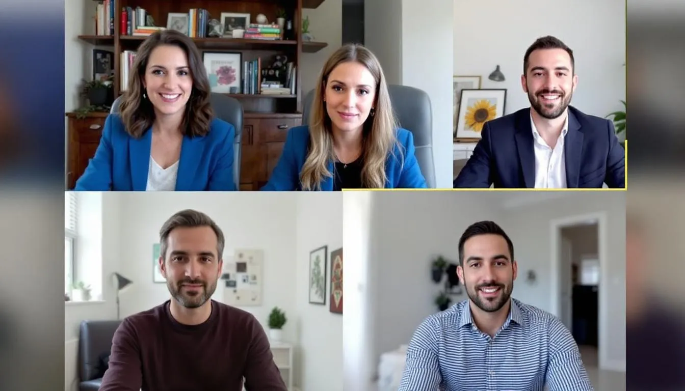 In the image, a diverse group of meeting participants is engaged in a virtual meeting, each appearing on their own screen, displaying good virtual meeting etiquette by maintaining eye contact and listening attentively. The setting reflects a professional atmosphere, with each participant in a dedicated workspace, ensuring minimal background noise and distractions.