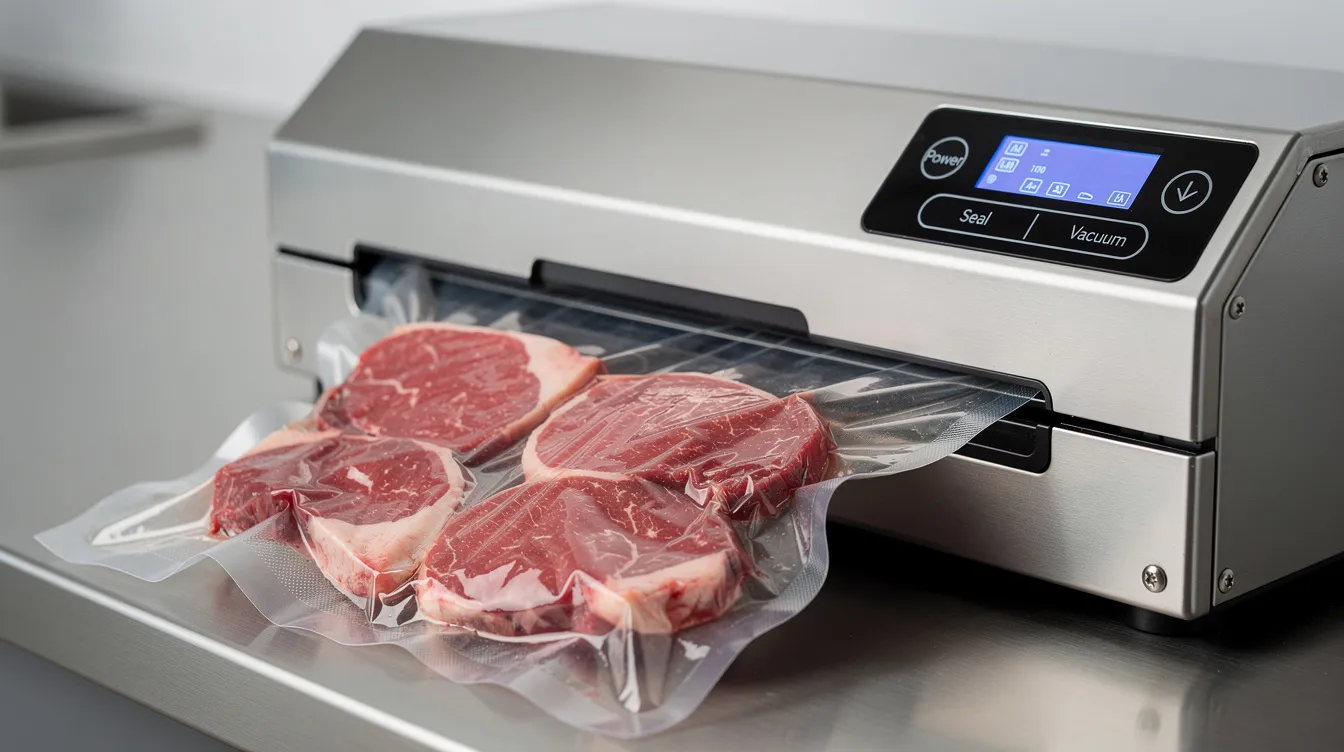 Une machine de mise sous vide professionnelle est en train d'emballer des portions de viande fraîche, mettant en avant le matériel de boucherie essentiel pour garantir la qualité et la sécurité des produits. Ce processus de transformation permet de conserver la viande tout en respectant les normes d'hygiène et de précision.