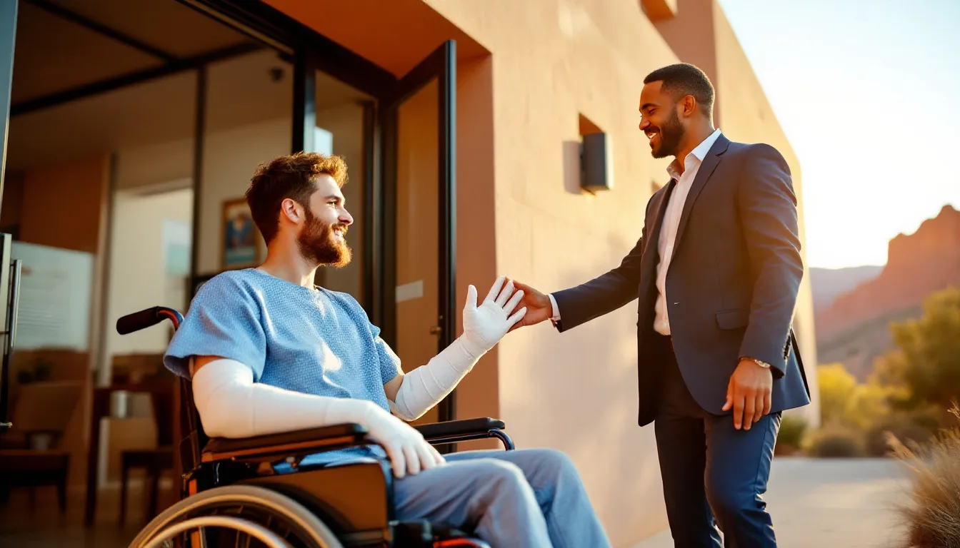 A young male client, grateful to be alive, is leaving the hospital in a wheelchair with his arm and leg in casts, as his attorney assists him. The scenic New Mexico landscape serves as a backdrop, highlighting the aftermath of a serious truck accident that has impacted his life.