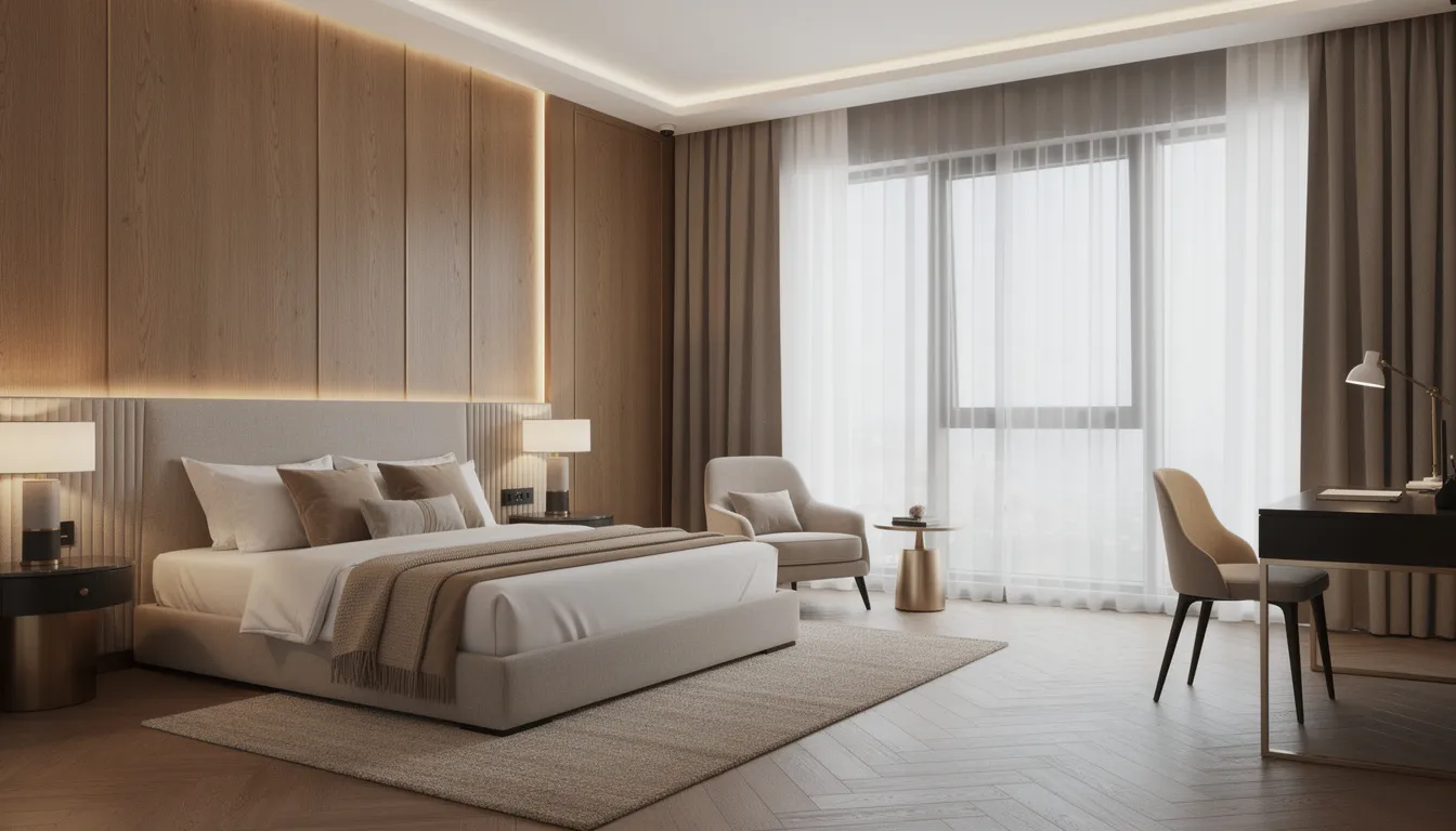 Een luxe hotelkamer met getextureerde houten wandpanelen, voorzien van elegante meubels en sfeervolle designverlichting. De combinatie van de houten panelen en het stijlvolle interieur creëert een warme en uitnodigende sfeer.