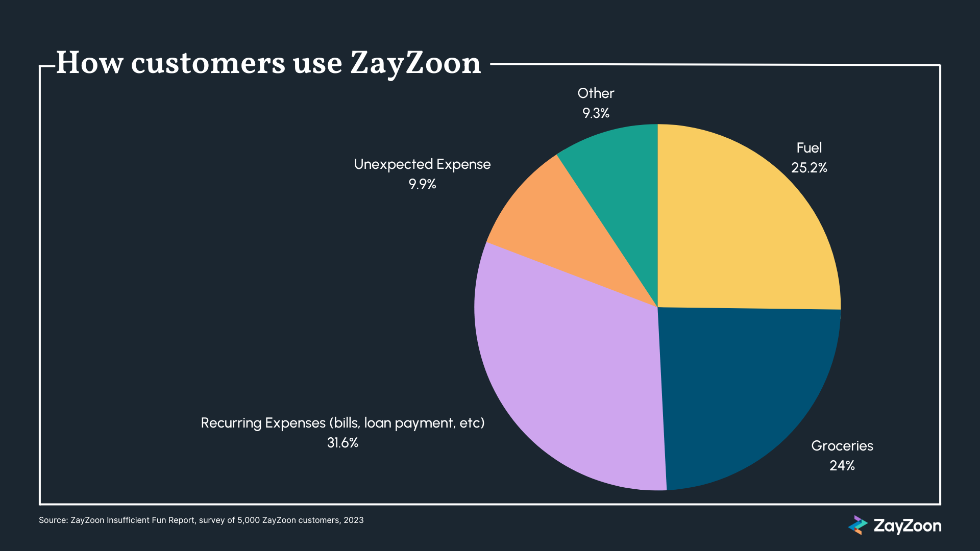 A pie chart breaks down how customers use ZayZoon between fuel, groceries, recurring expenses, unexpected expenses, and other