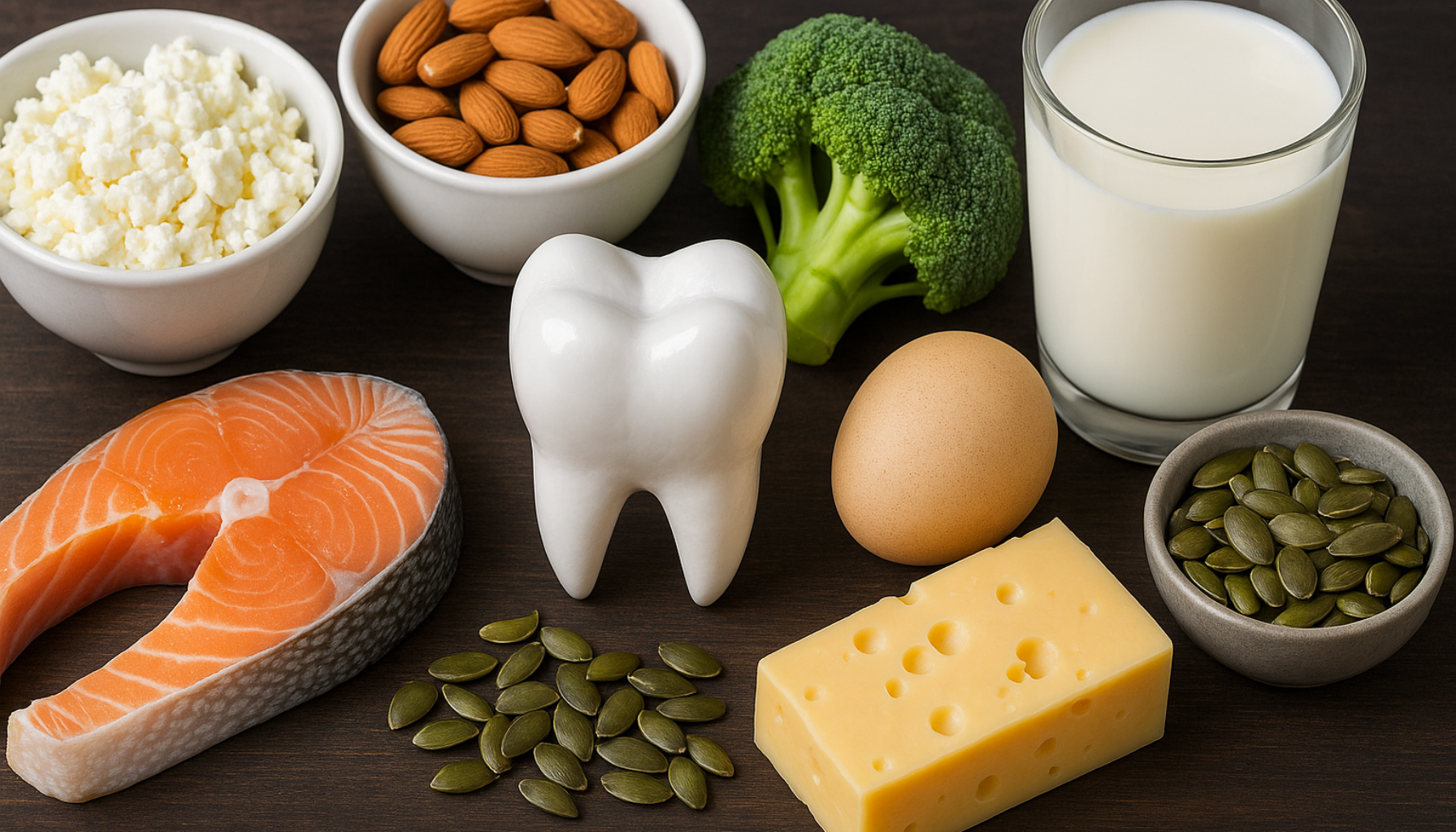 Ulike kalsiumrike matvarer som laks, ost, melk, egg, mandler, brokkoli og gresskarkjerner rundt tannmodell.