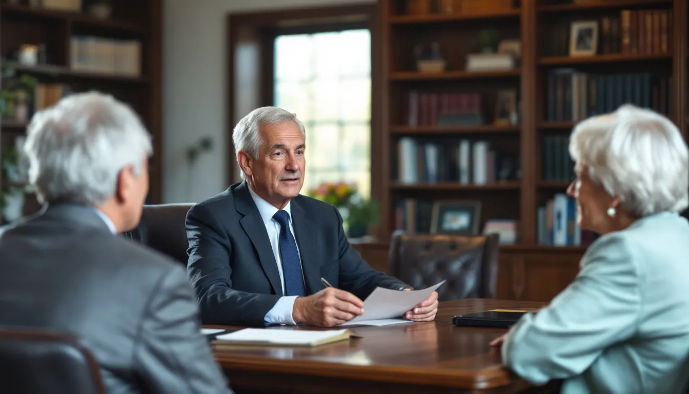 An estate planning attorney is meeting with an elderly couple to discuss their comprehensive estate plan, focusing on legal documents such as wills and living trusts to ensure financial security and a smooth transition for their family members. The attorney provides guidance on important decisions regarding asset distribution and health care wishes.