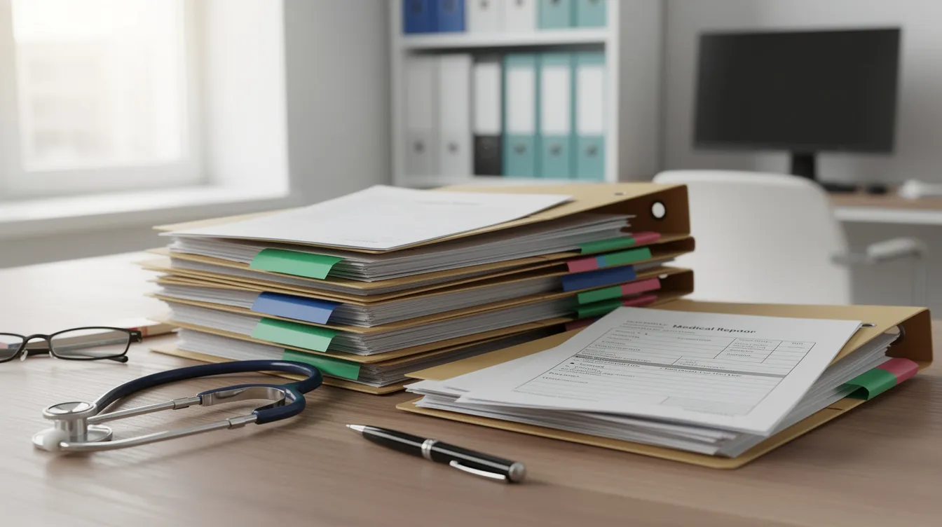 The image shows a stack of medical files and documents on a table in an office setting, likely related to social security disability insurance (SSDI) claims and disability benefits. These records may include medical conditions and work history necessary for the application process of receiving benefits.