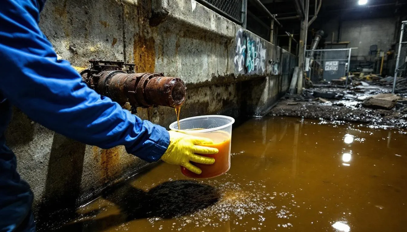 An environmental protection agency technician is collecting a water sample from an industrial site, highlighting concerns about potential PFAS contamination and the associated health risks. This action aims to assess the presence of hazardous substances that could impact drinking water safety and human health.