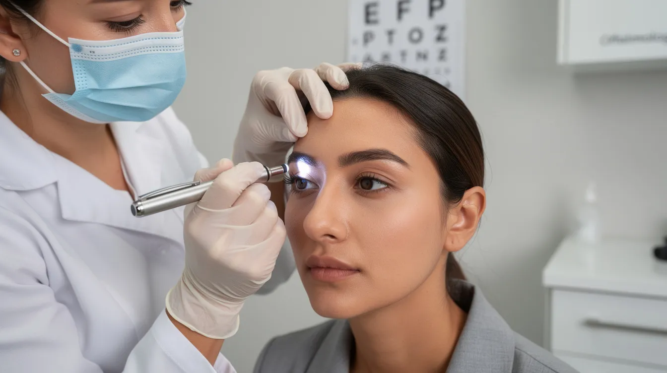 En la imagen se muestra una consulta médica donde un doctor examina la zona ocular de un paciente con una pequeña linterna, observando los párpados superiores e inferiores en busca de signos de problemas como la ptosis palpebral o el exceso de piel. Este procedimiento es parte de una evaluación previa a una posible cirugía de párpados para mejorar la apariencia y función de los ojos.
