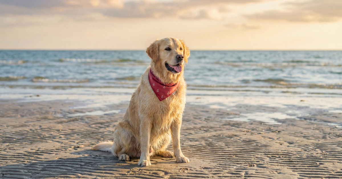 Golden retriever sitting on a sandy Cape May beach at sunset, highlighting pet-friendly shore vacations and relaxed coastal living.