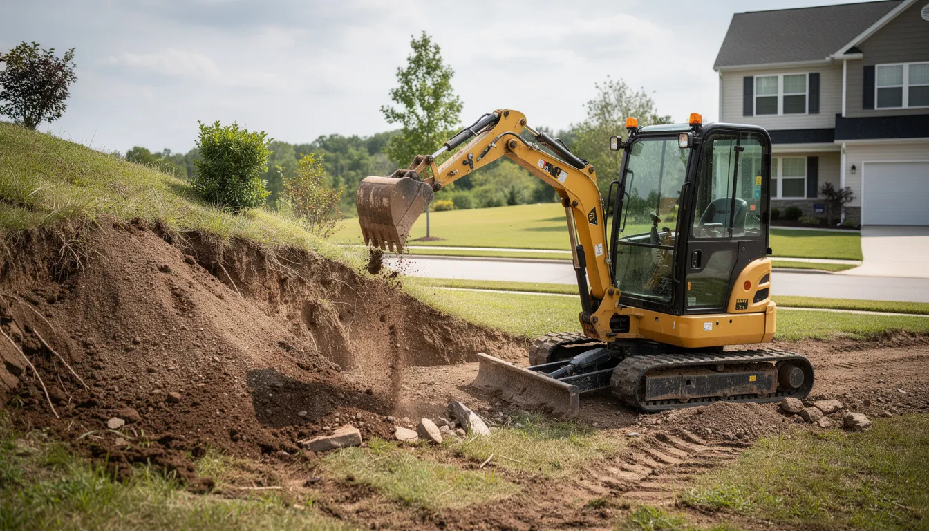 A small yellow mini excavator is actively digging into a hillside on a residential property, preparing the ground for an outdoor project, possibly involving the installation of concrete pavers or segmental retaining walls to create a durable and stylish outdoor space. The excavator's operation is essential for proper drainage and soil retention in the landscape design.