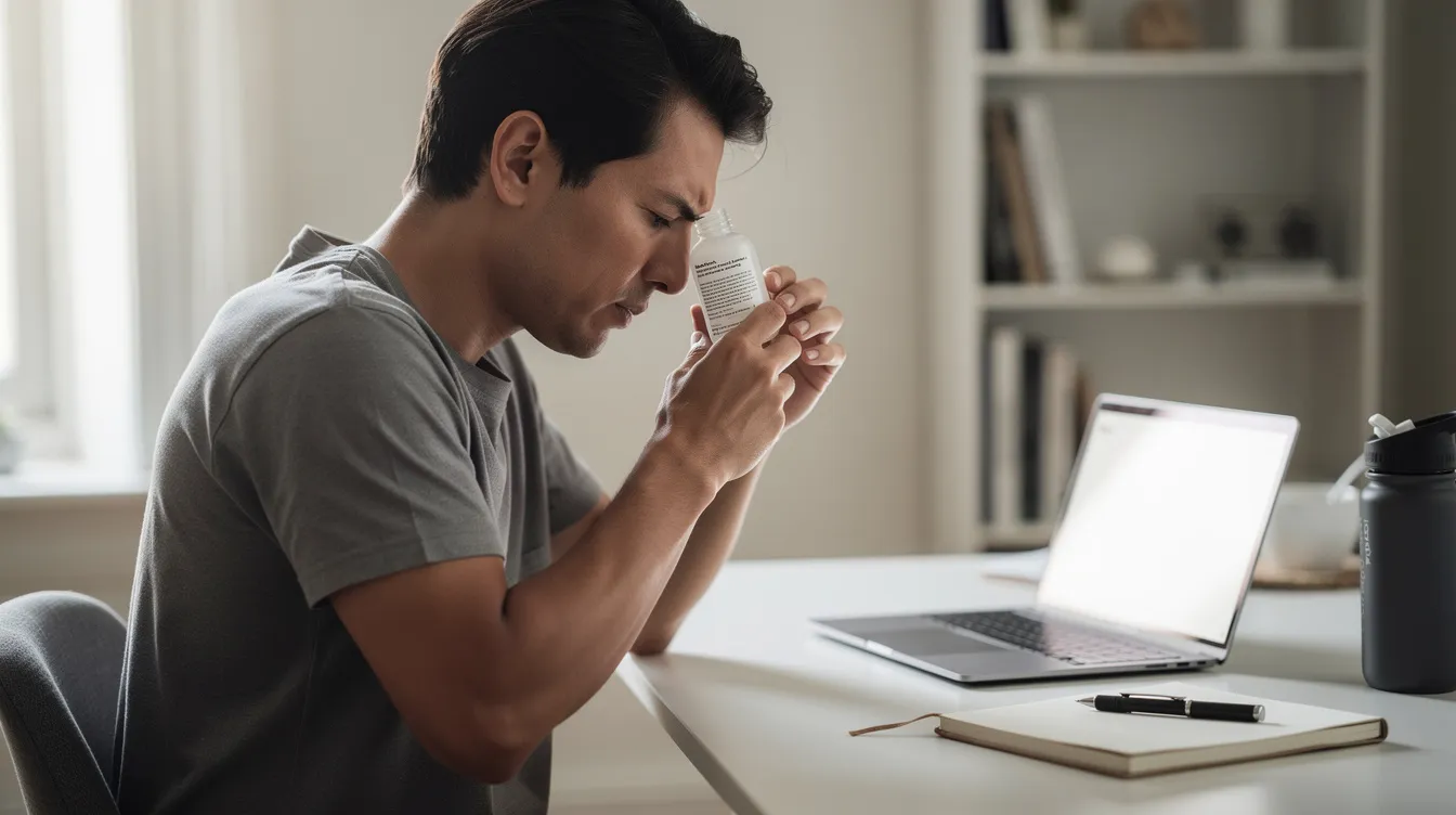 The image shows a person closely examining a product label at a desk, with a laptop open beside them. This scene suggests a focus on understanding cannabis laws and the legal status of products like THCA in Arizona, particularly for medical marijuana patients and licensed dispensaries.