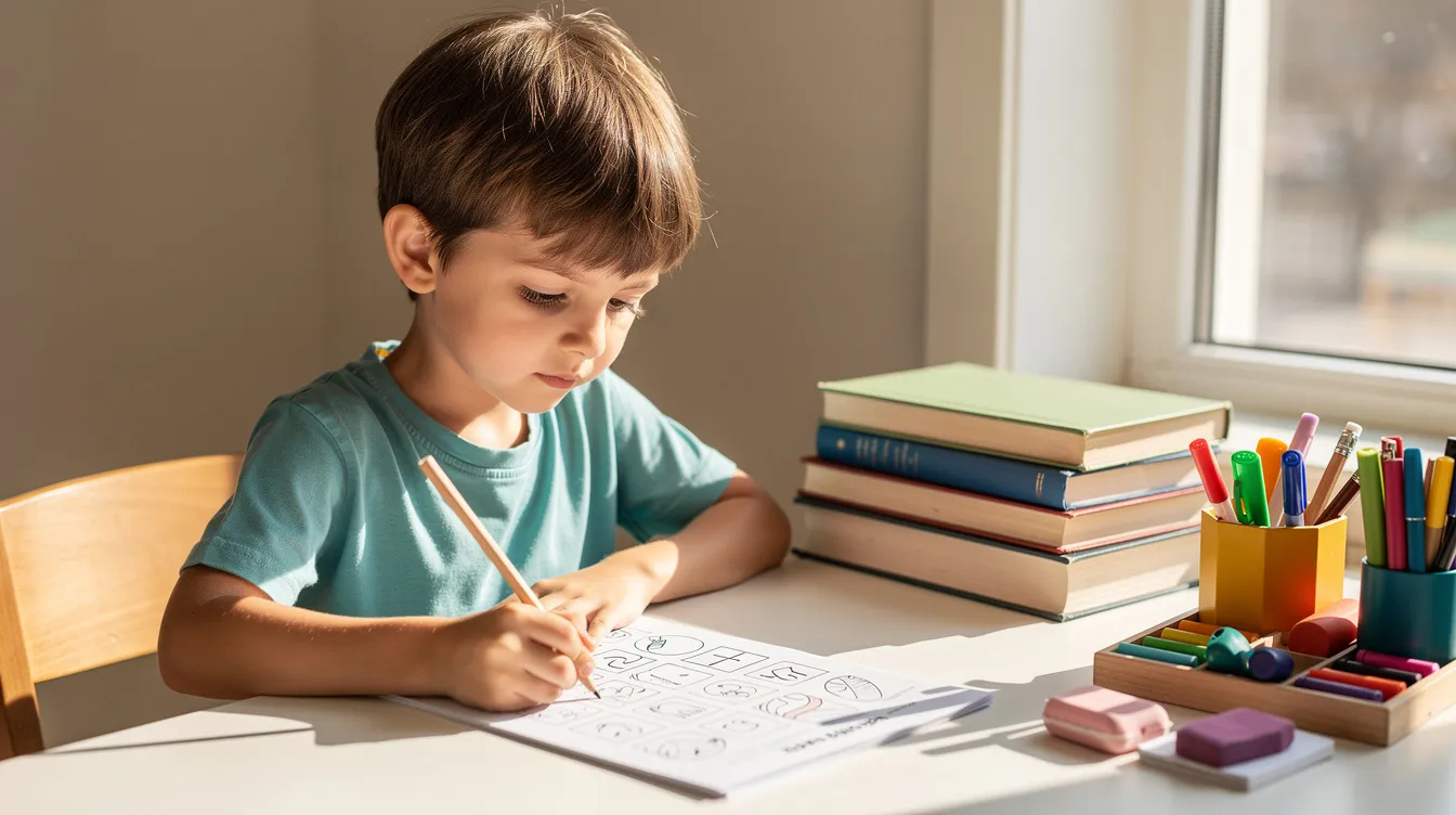 A child sits at a desk in a bright room, focused on a worksheet while using a pencil, with books and stationery organized around them. This scene reflects the importance of educational therapy in supporting cognitive development and foundational skills in early years learning environments.