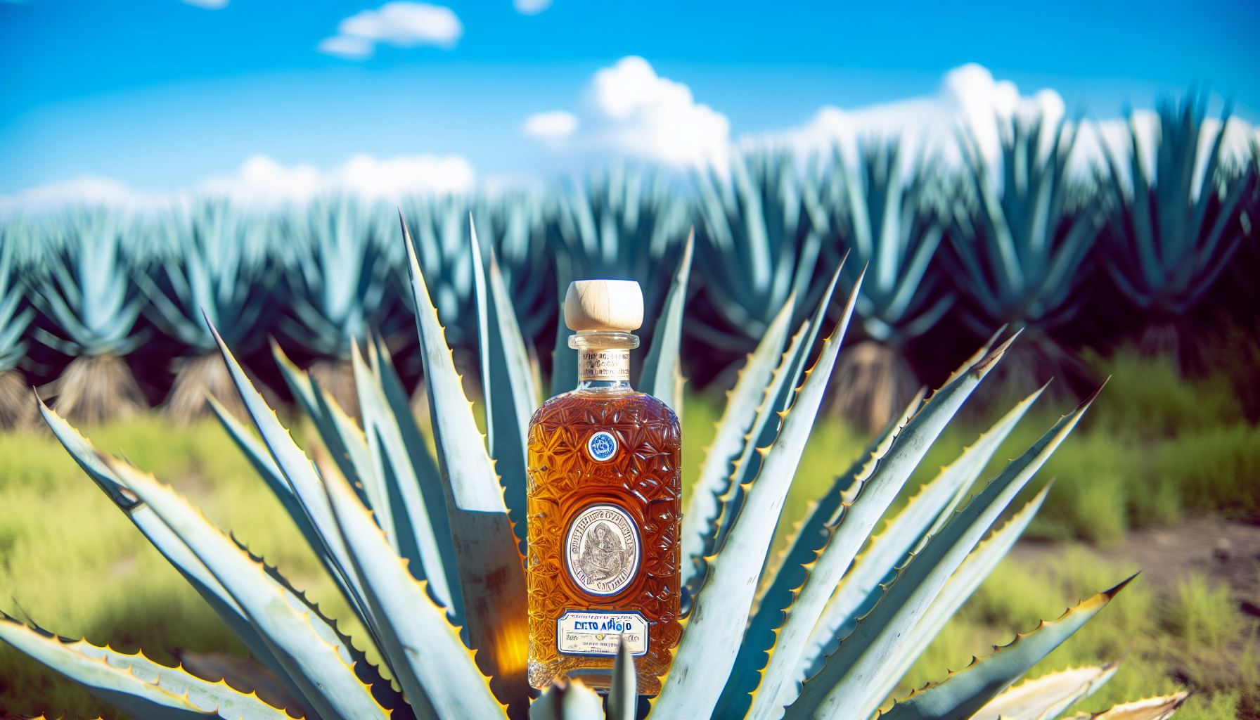 Bottle of extra añejo tequila surrounded by blue agave plants