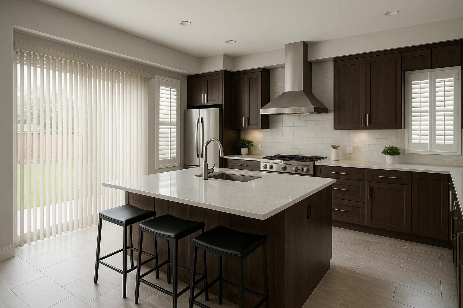 Combination of vertical blinds and plantation shutters in a Manchester kitchen.