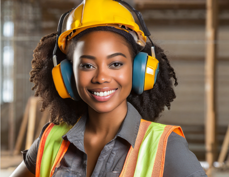 Contruction worker waring ear muffs - hearing protection