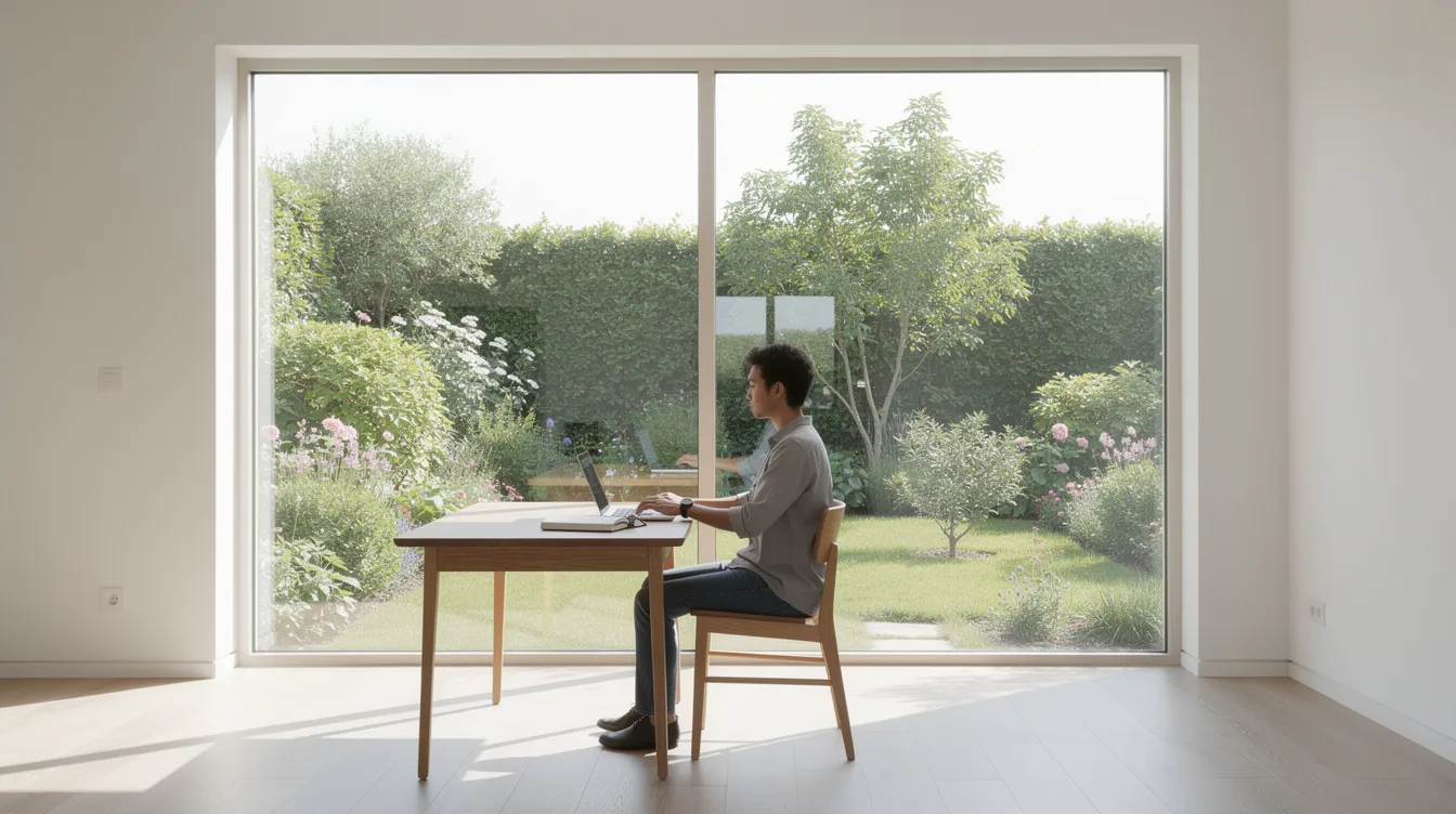 Une personne est assise à un bureau, travaillant sur un ordinateur portable dans un espace lumineux. Une grande fenêtre laisse entrer la lumière naturelle et offre une vue sur un jardin, symbolisant l'équilibre entre vie professionnelle et vie privée.