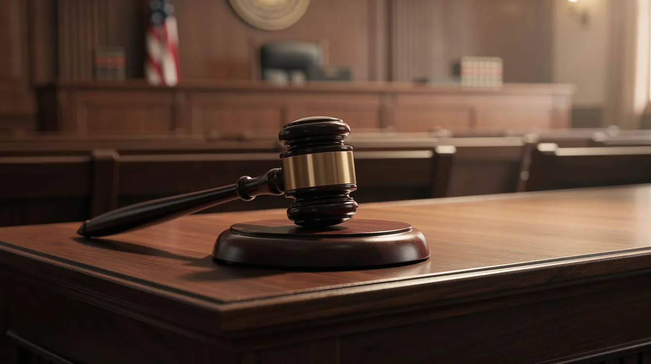 A wooden gavel rests on a judge's bench in a courtroom, symbolizing authority and the legal proceedings that uphold North Carolina's firearm laws. The setting reflects the seriousness of issues such as concealed carry permits and the legal consequences of illegal firearm possession.